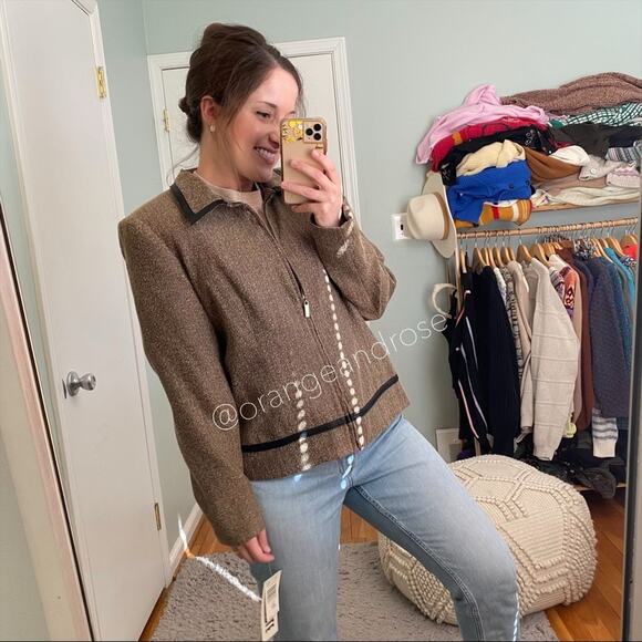 Deadstock vintage Sag Harbor Brown Chevron Collared Zip Up Blazer Jacket 12 L - Picture 5 of 12